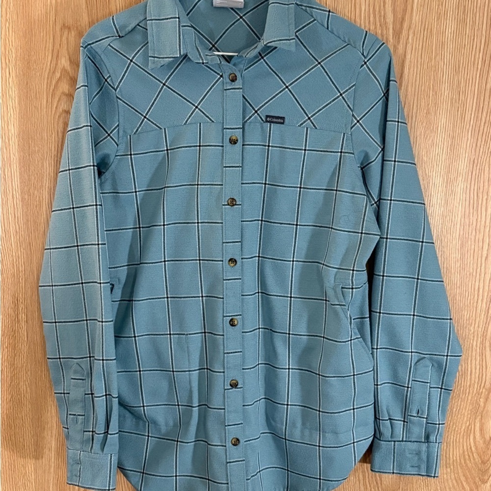 Columbia Outdoor Elements Stretch Flannel Blue Plaid Over Shirt Jacket